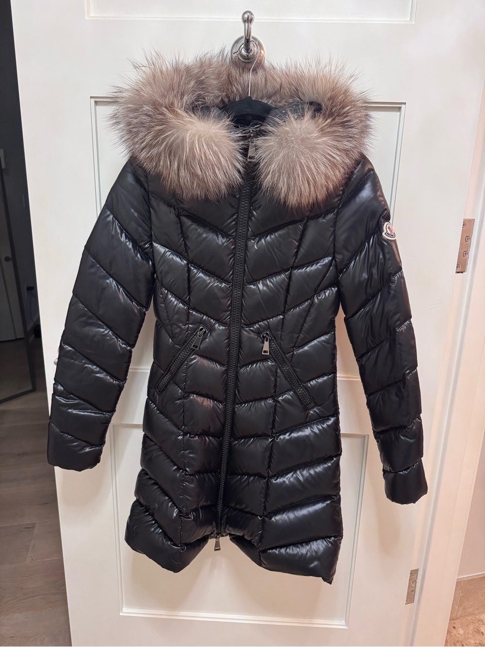 Moncler Women’s Black Quilted Down Coat with removable Fur-Trim Hood